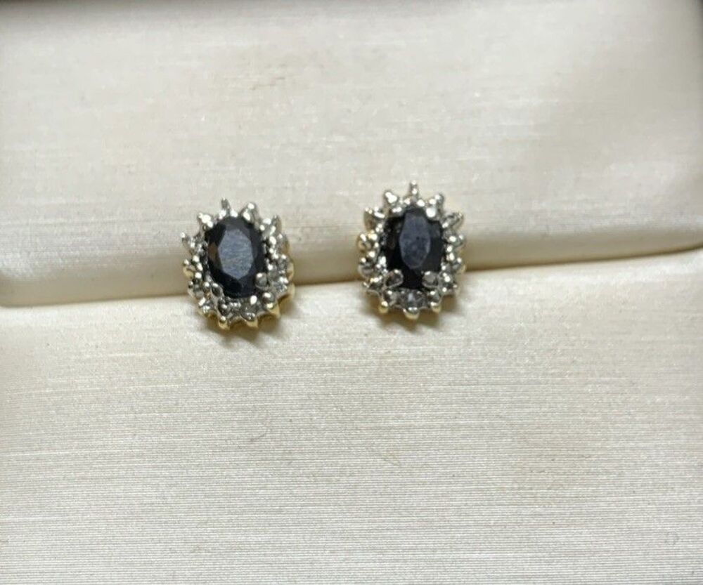 DBJ 925 Sterling Silver Dark Blue Sapphire Earrings Diamond Accent Stud